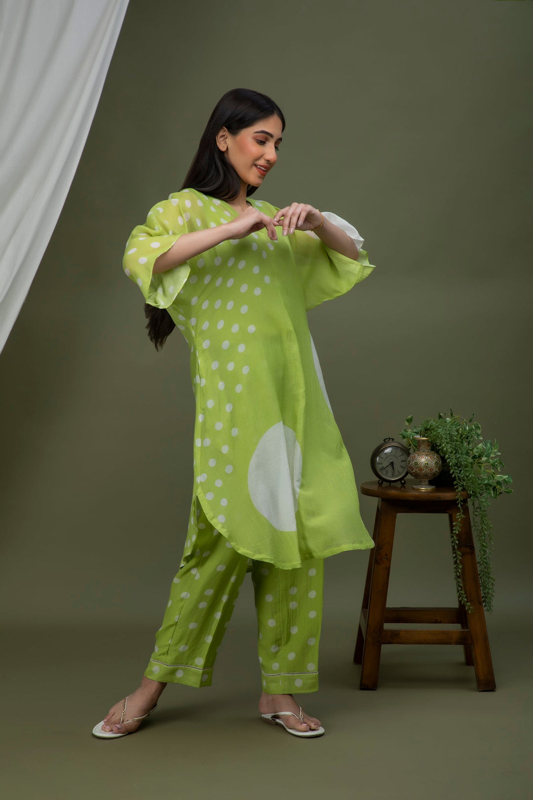 Moss Green Polka Chanderi Coord Set