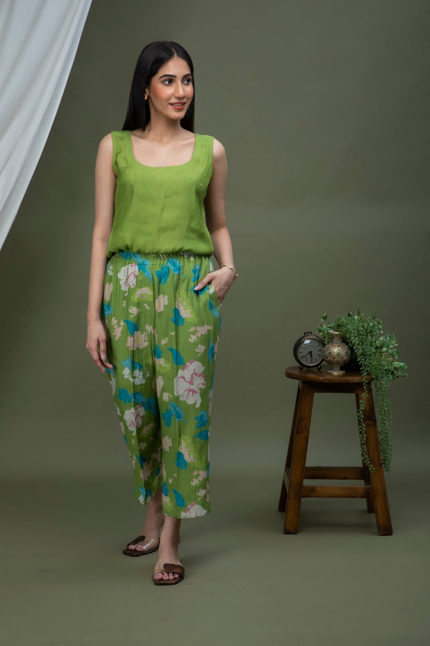 Leaf Seaweed Green Printed Chanderi Coord Set