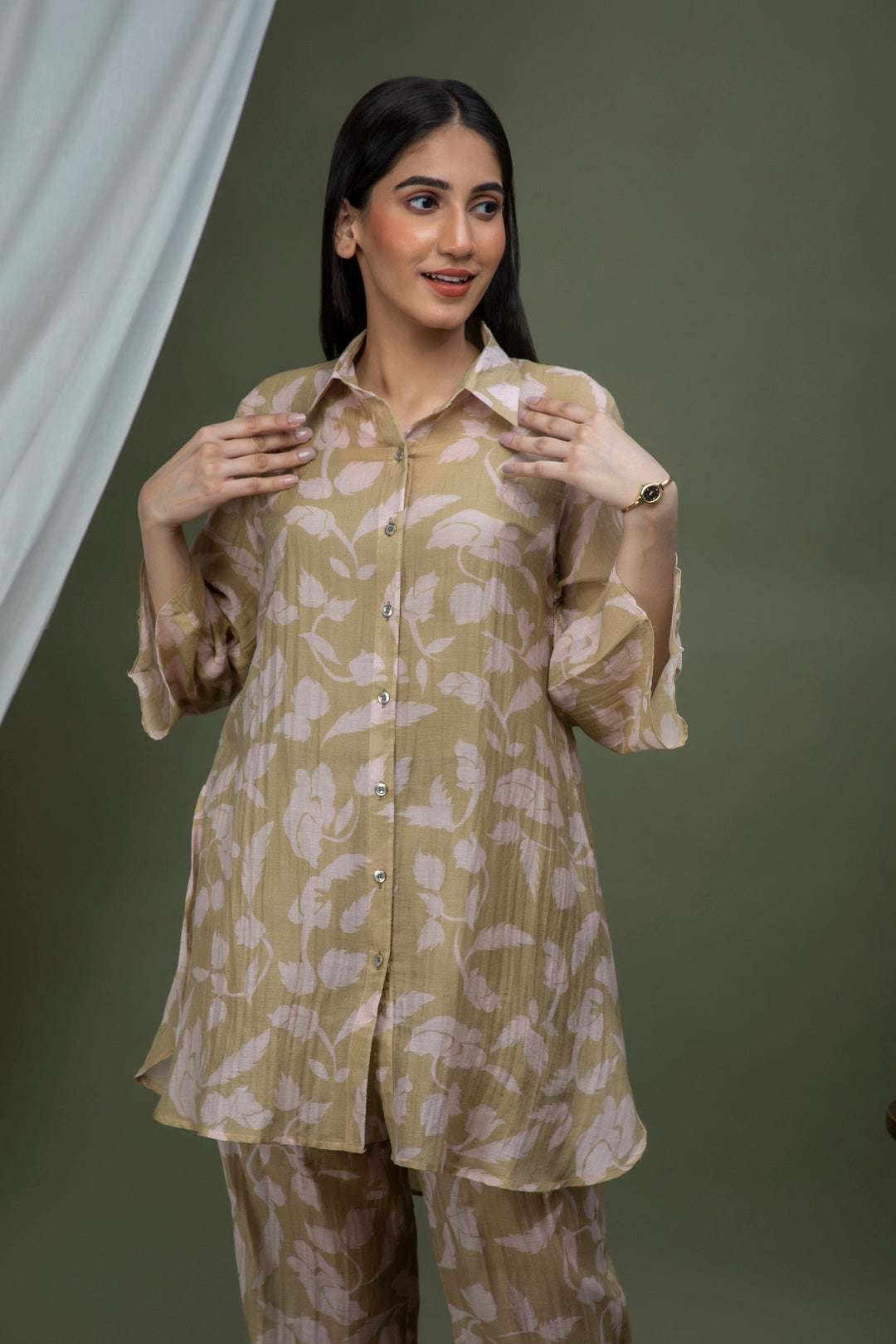Olive Pink Printed Chanderi Coord Set