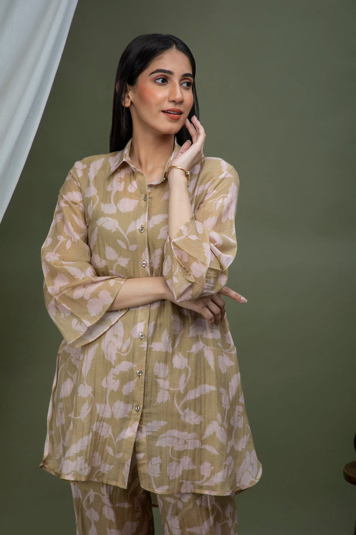 Olive Pink Printed Chanderi Coord Set