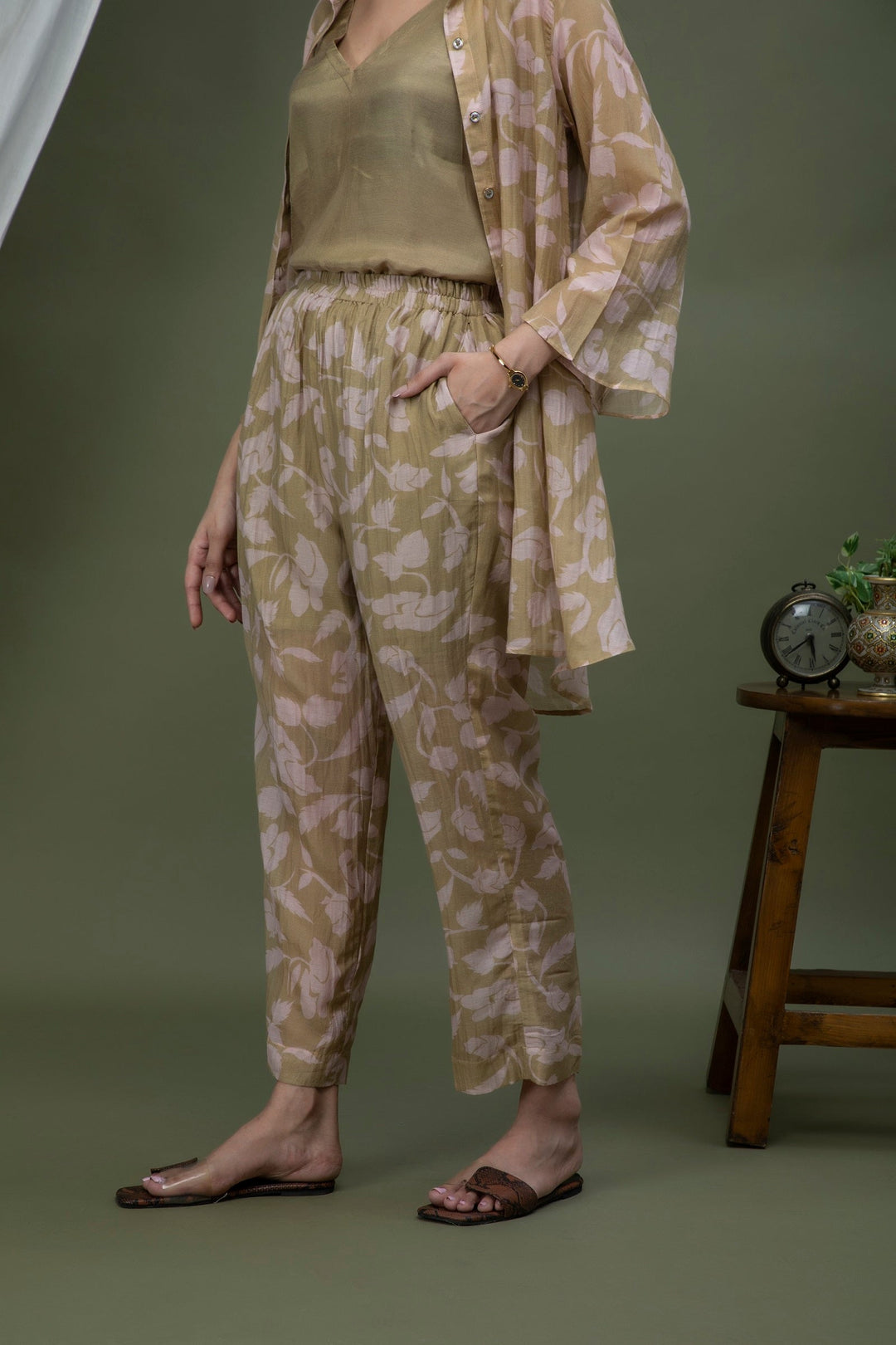 Olive Pink Printed Chanderi Coord Set