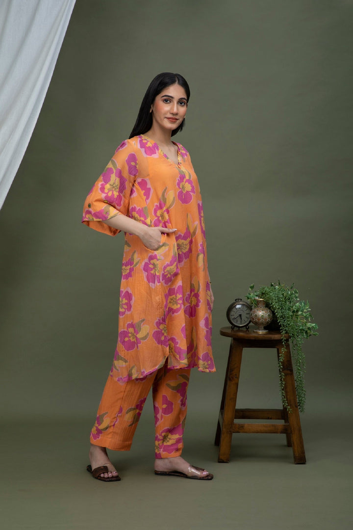 Orange Printed Chanderi Coord Set