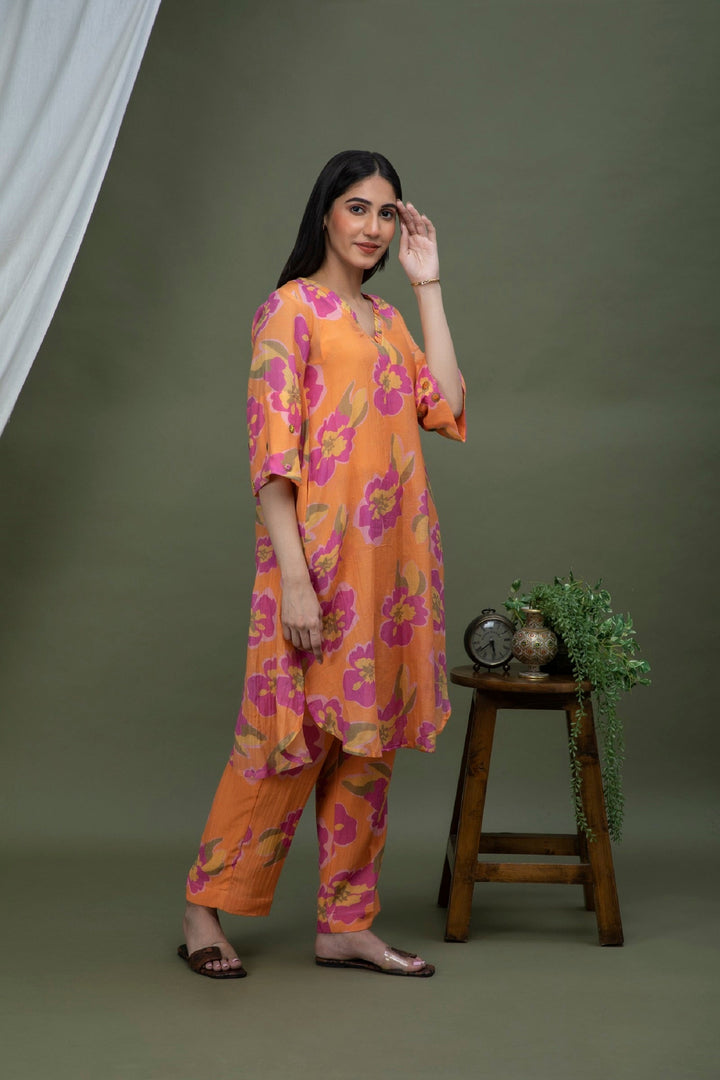 Orange Printed Chanderi Coord Set