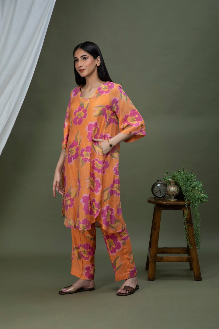 Orange Printed Chanderi Coord Set