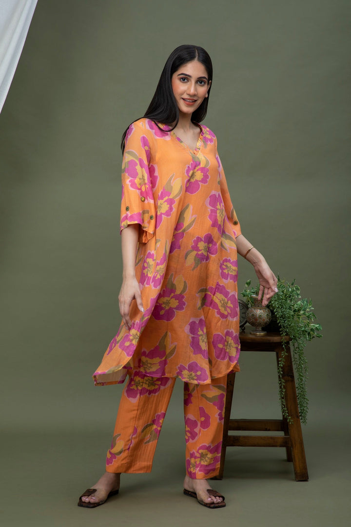 Orange Printed Chanderi Coord Set