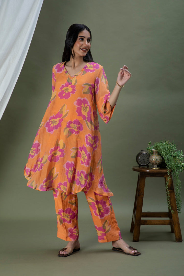 Orange Printed Chanderi Coord Set