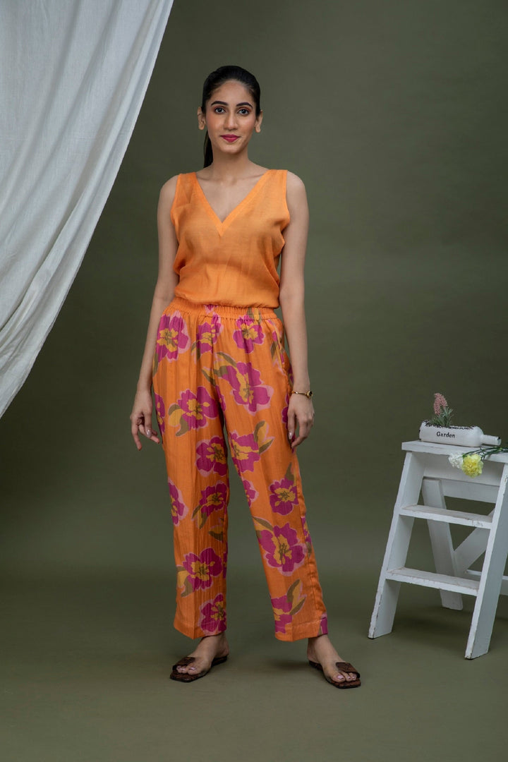 Orange Printed Chanderi Coord Set