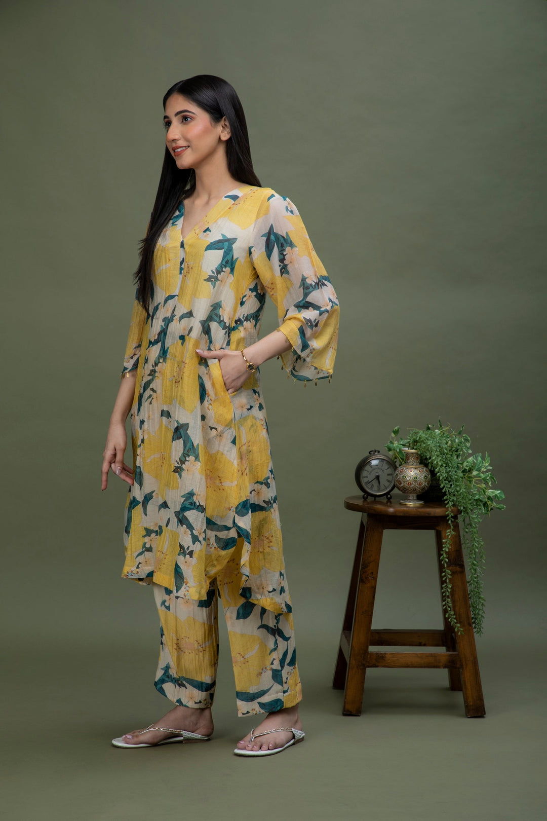 Yellow Printed Chanderi Coord Set
