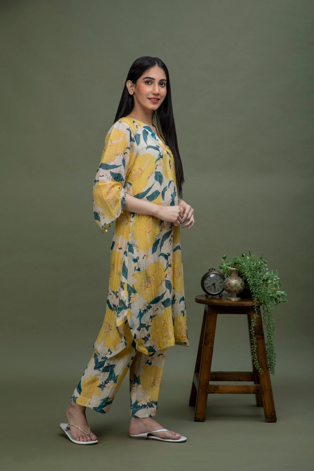 Yellow Printed Chanderi Coord Set