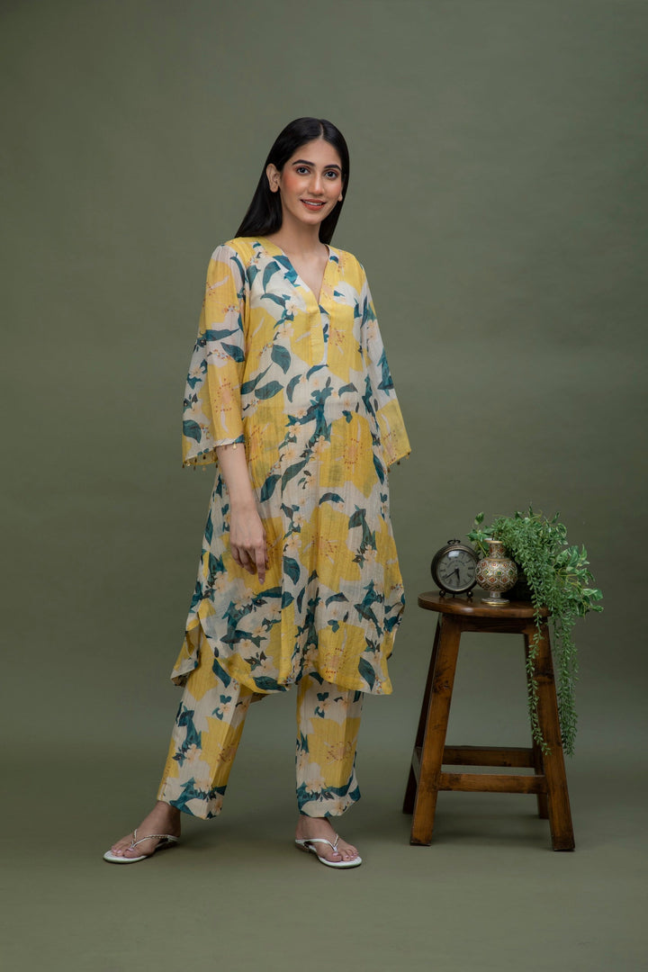 Yellow Printed Chanderi Coord Set