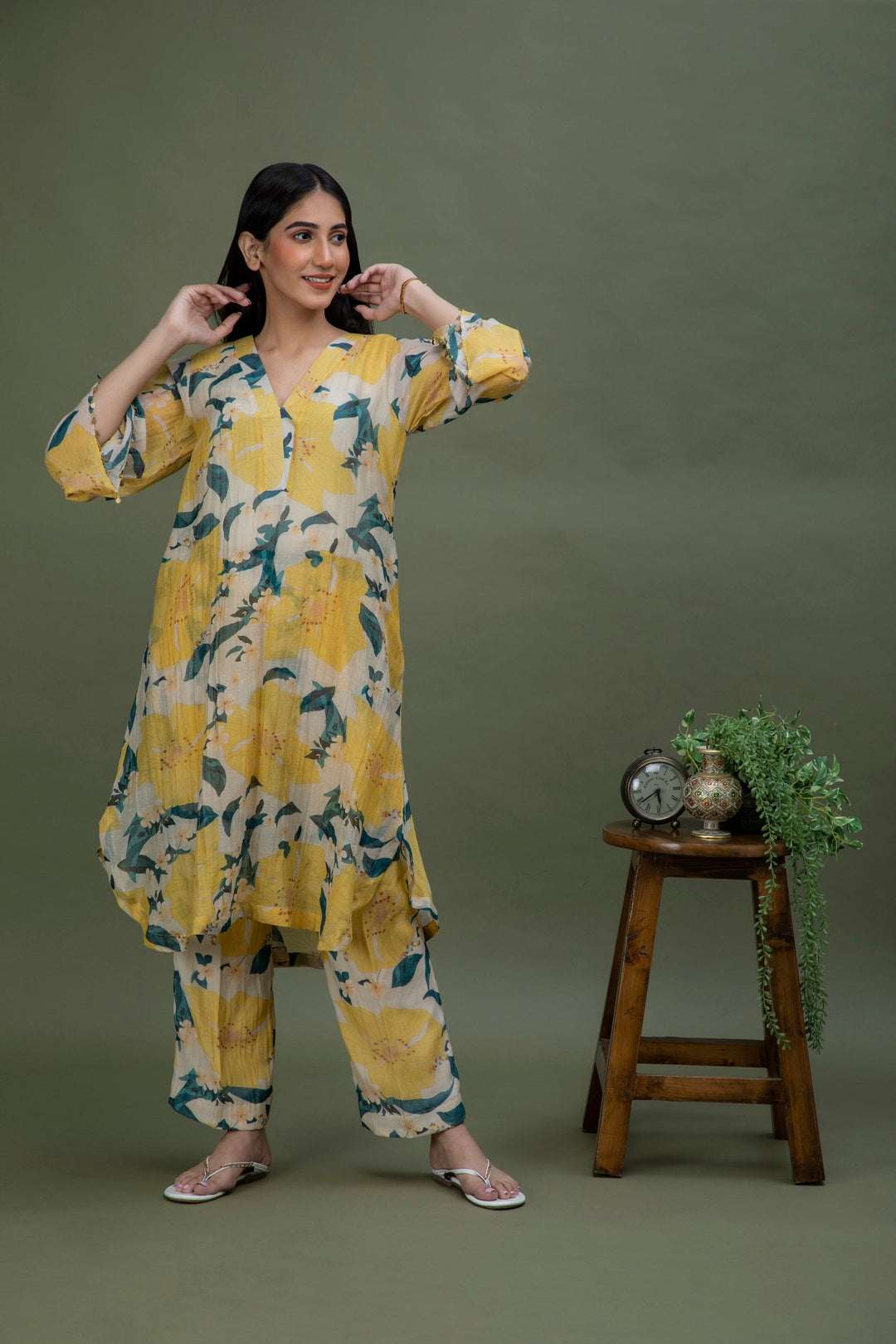 Yellow Printed Chanderi Coord Set