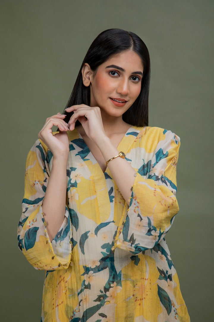 Yellow Printed Chanderi Coord Set