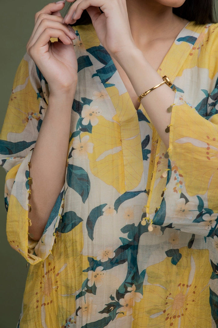 Yellow Printed Chanderi Coord Set