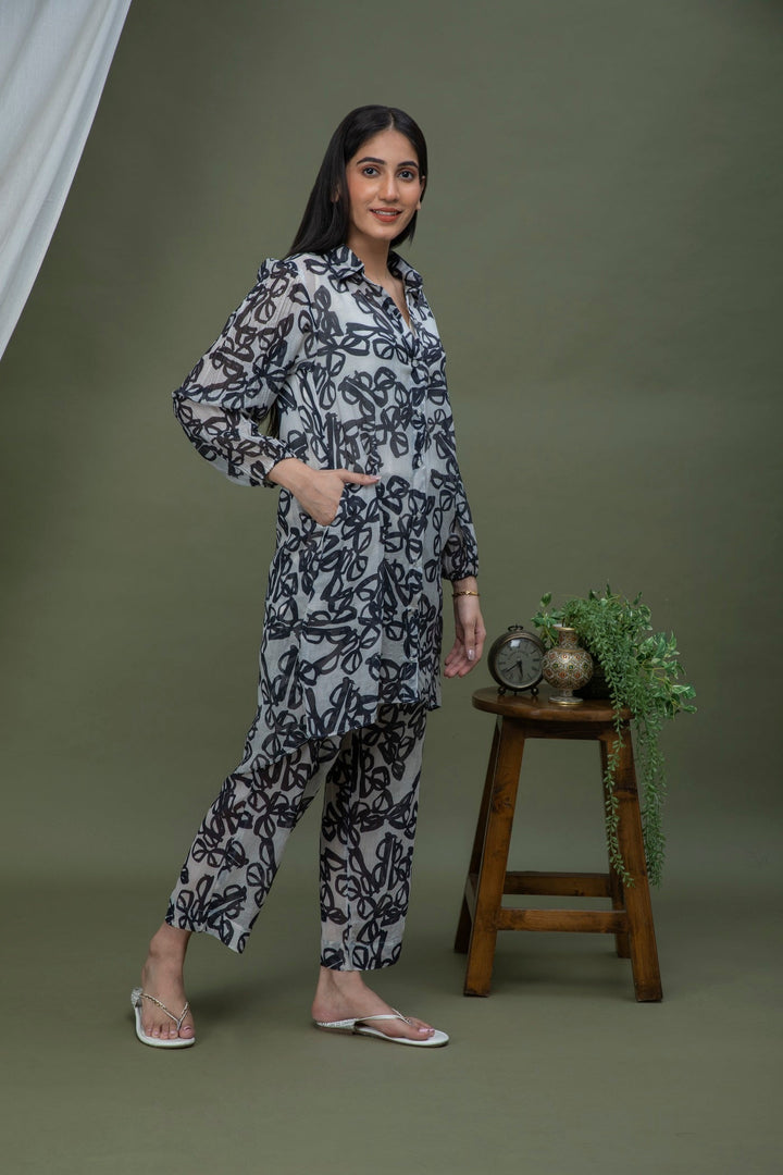 Black & White Printed Chanderi Coord Set