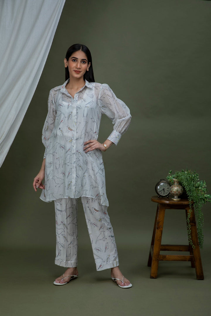 White black bird Print Chanderi Coord set
