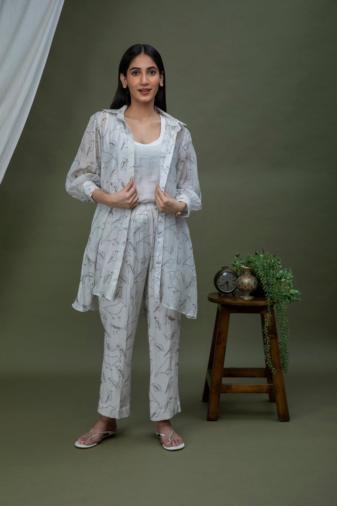White black bird Print Chanderi Coord set