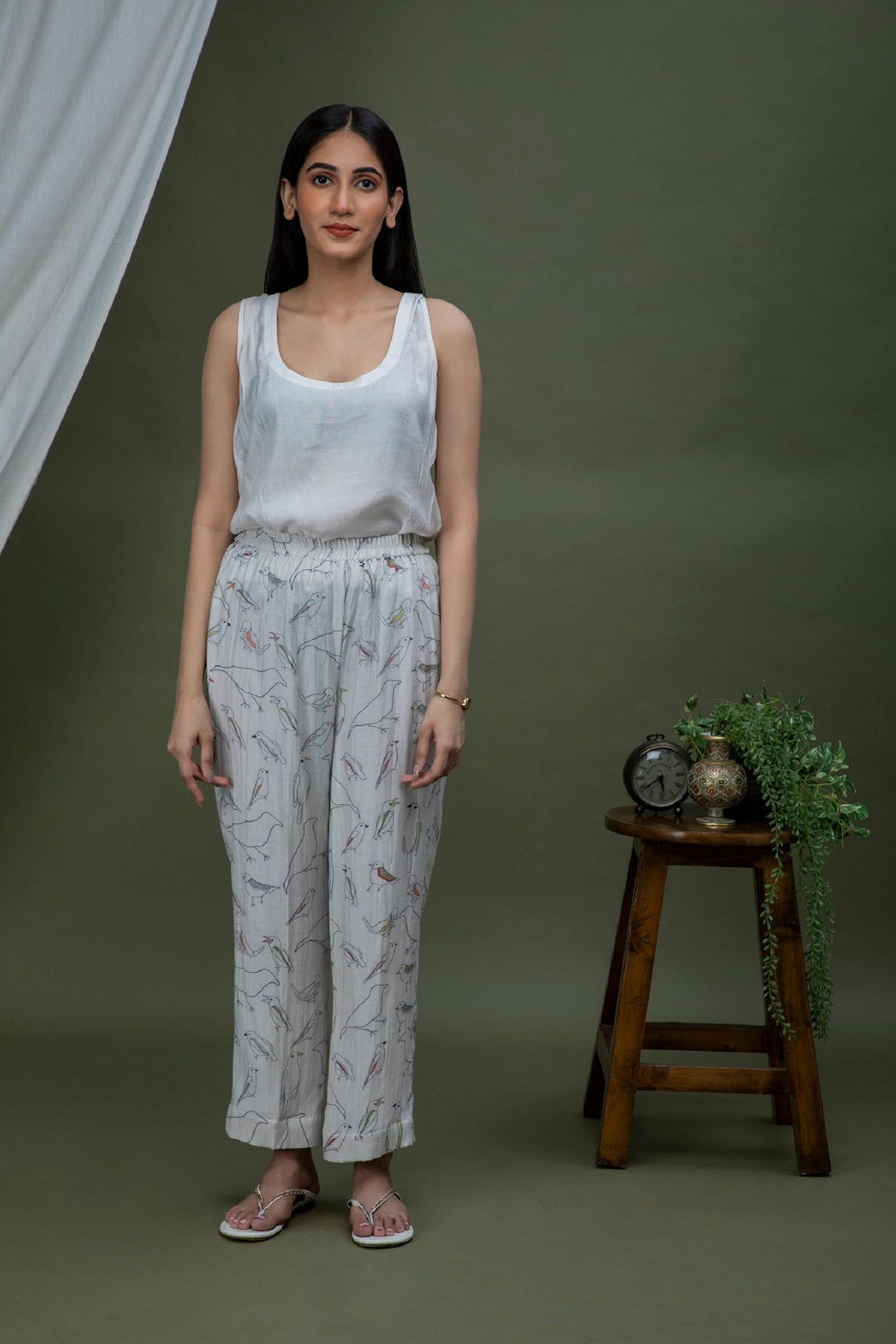 White black bird Print Chanderi Coord set