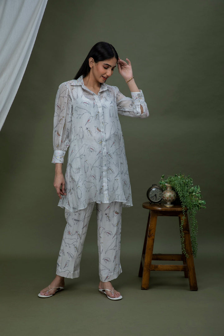 White black bird Print Chanderi Coord set