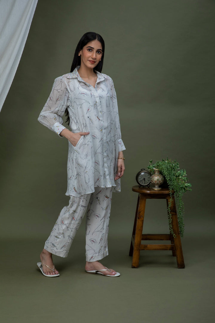 White black bird Print Chanderi Coord set