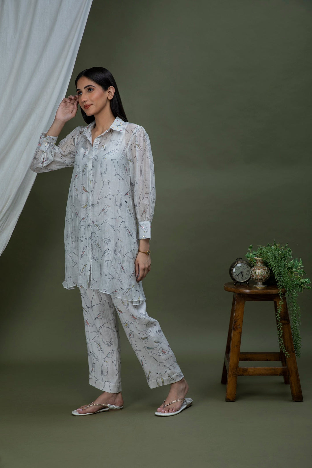 White black bird Print Chanderi Coord set