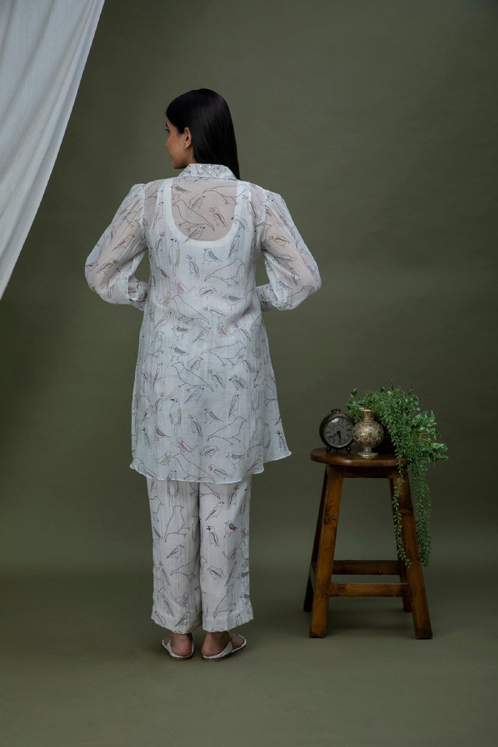 White black bird Print Chanderi Coord set