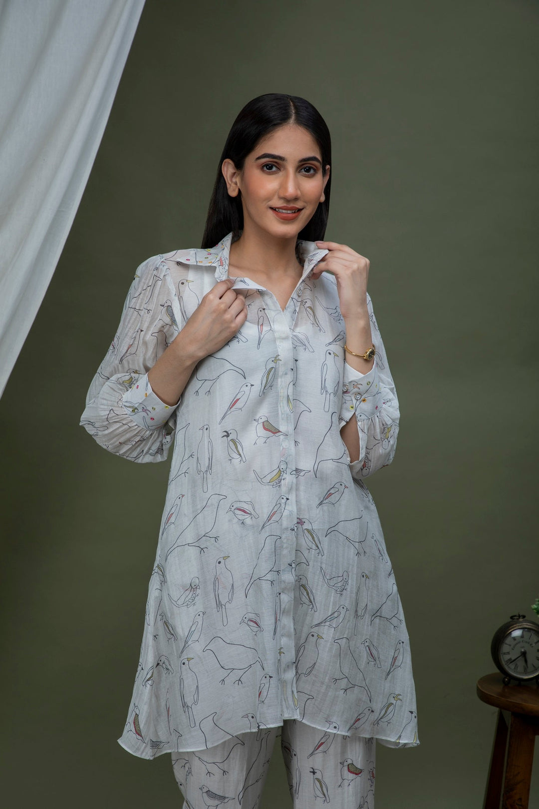 White black bird Print Chanderi Coord set