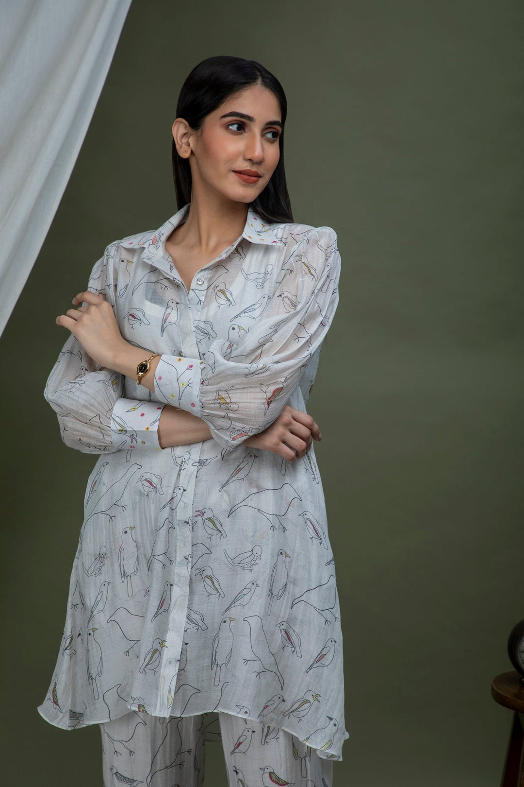 White black bird Print Chanderi Coord set