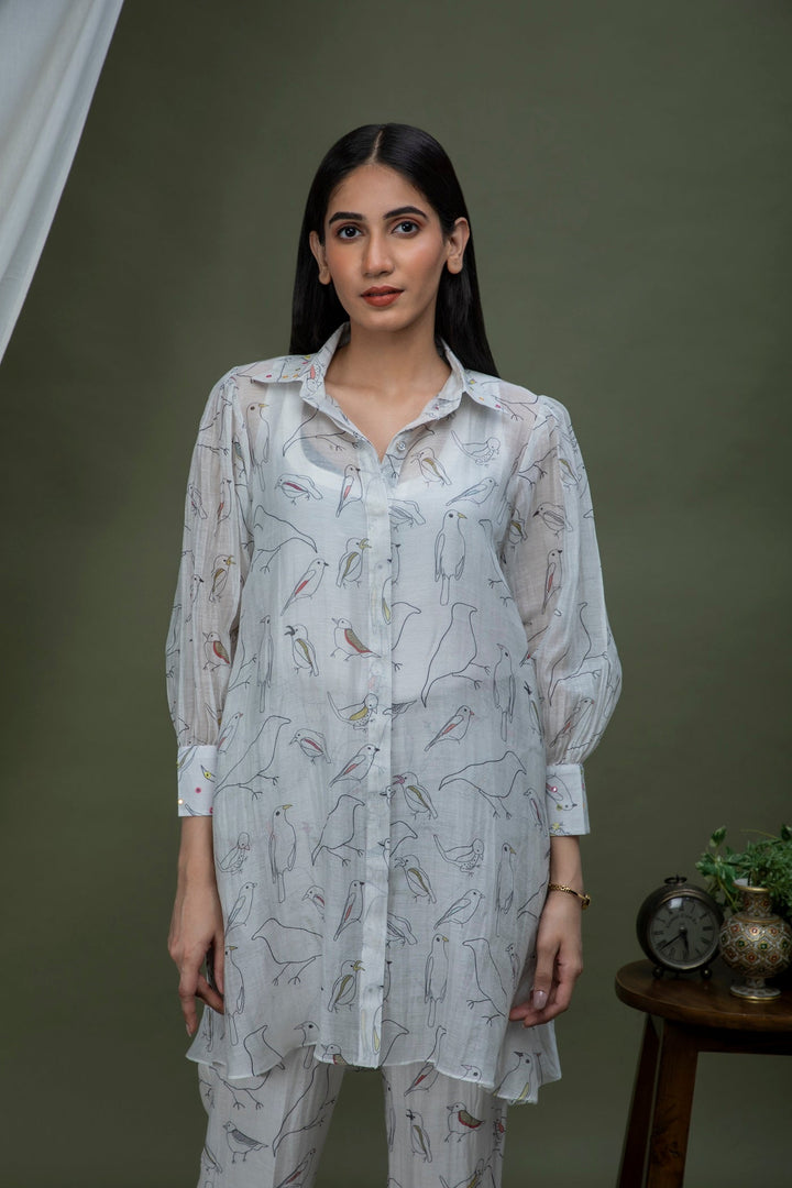 White black bird Print Chanderi Coord set