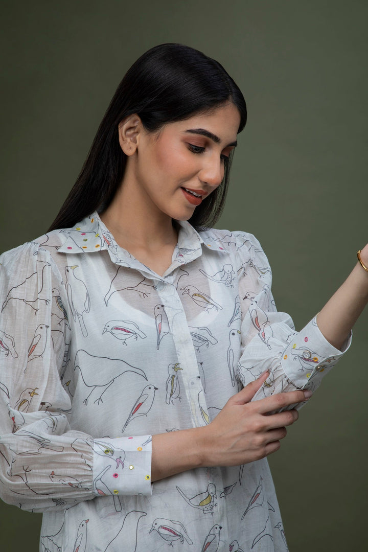 White black bird Print Chanderi Coord set