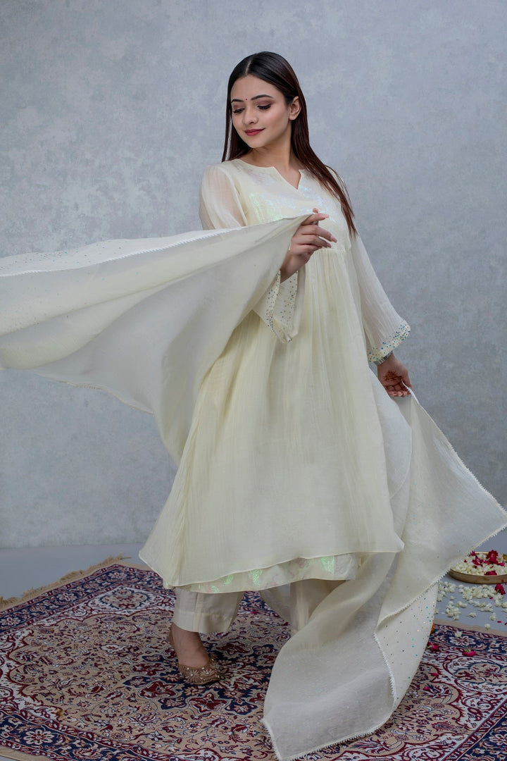 Off-white patch work chanderi suit set - Set of 2