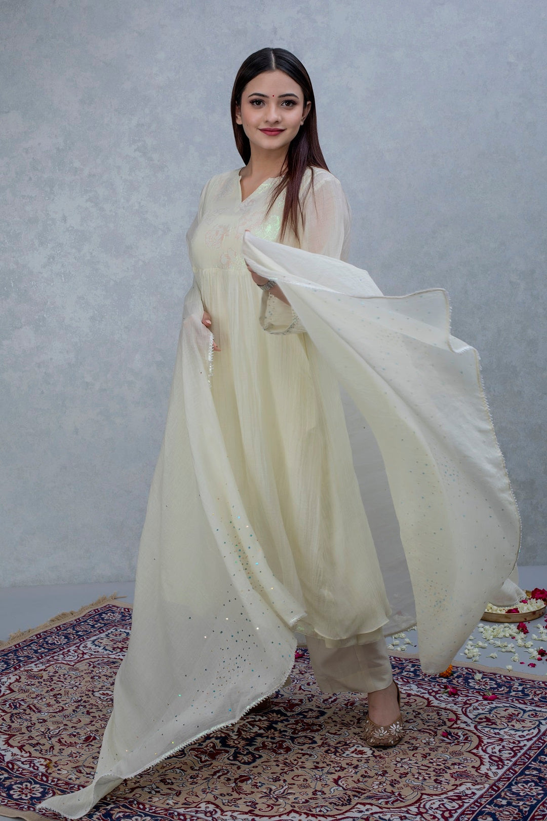 Off-white patch work chanderi suit set - Set of 2