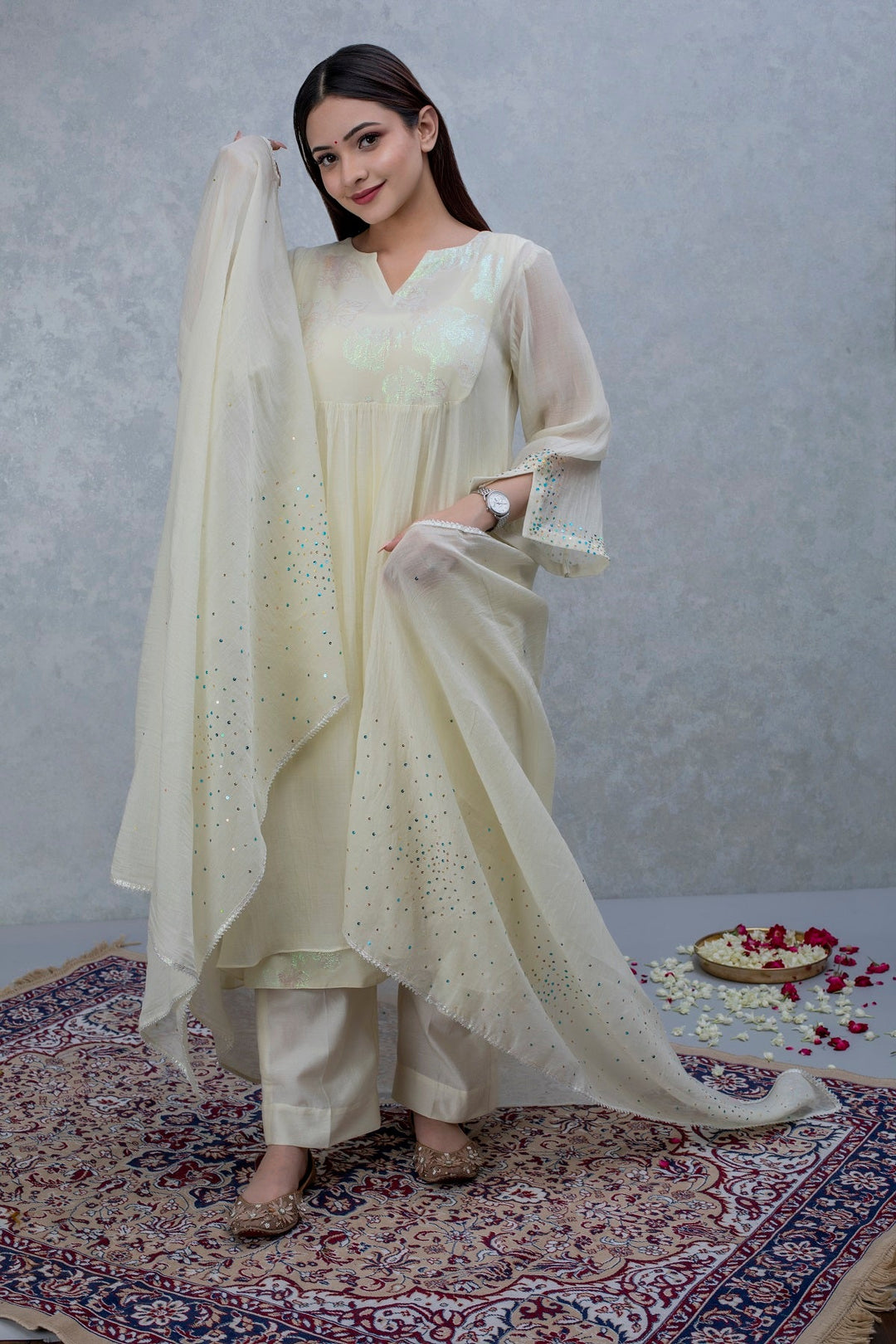 Off-white patch work chanderi suit set - Set of 2