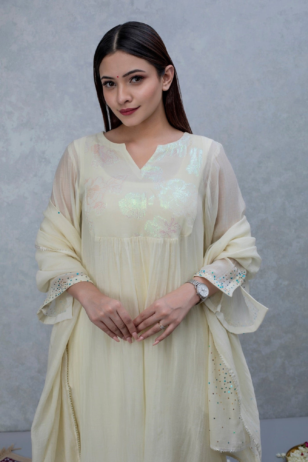 Off-white patch work chanderi suit set - Set of 2