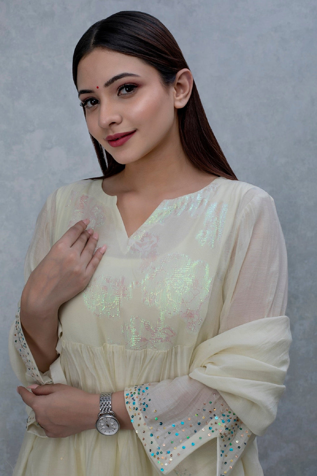 Off-white patch work chanderi suit set - Set of 2