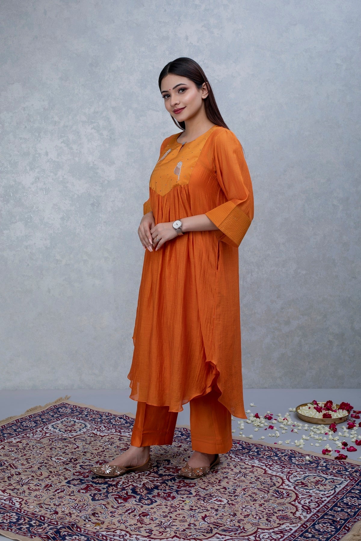 Orange hand embroidered Chanderi Suit Set with Pink Dupatta