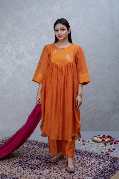 Orange hand embroidered Chanderi Suit Set with Pink Dupatta