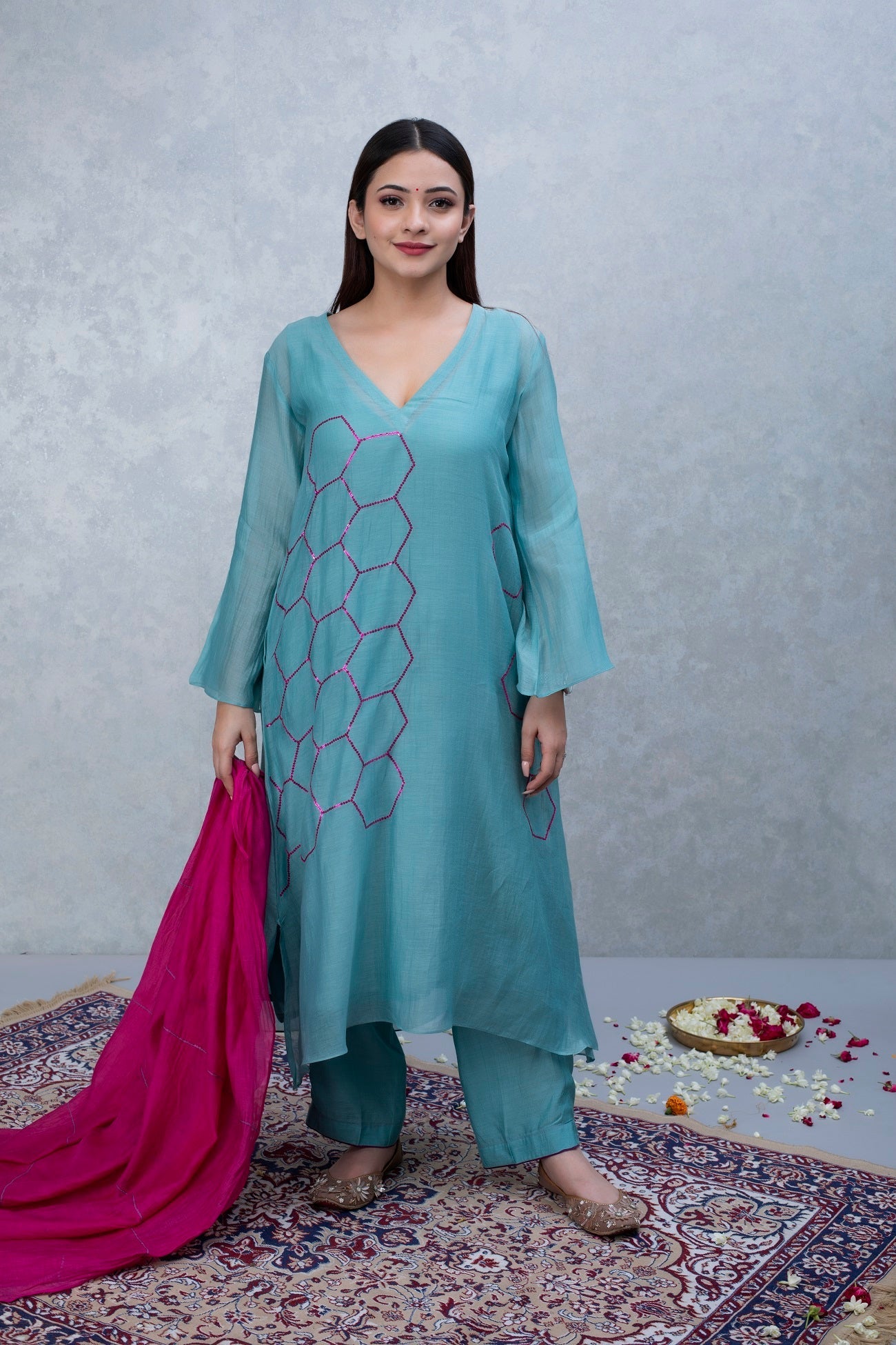 Cadet Blue Hand Embroidered Chanderi Suit Set