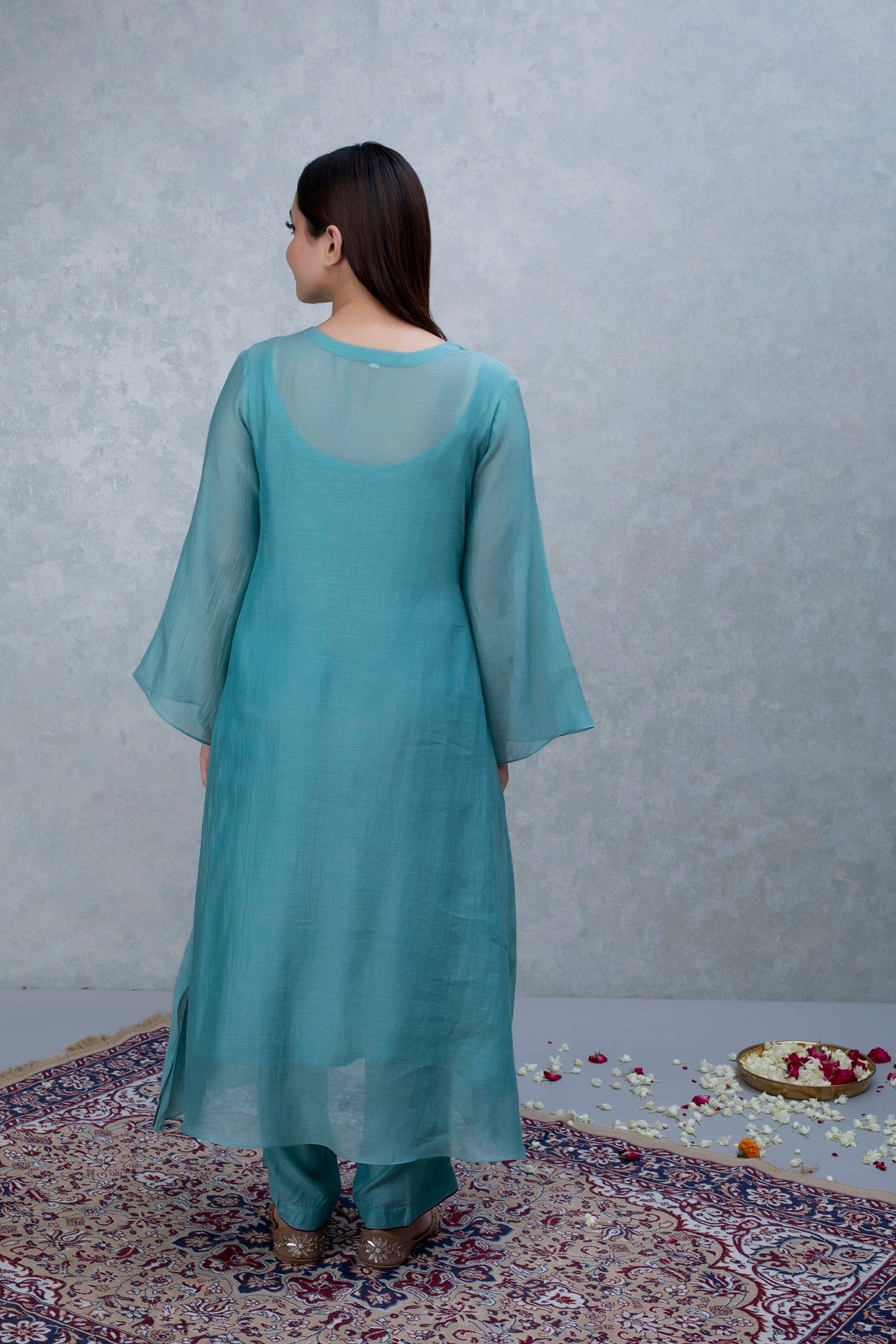 Cadet Blue Hand Embroidered Chanderi Suit Set