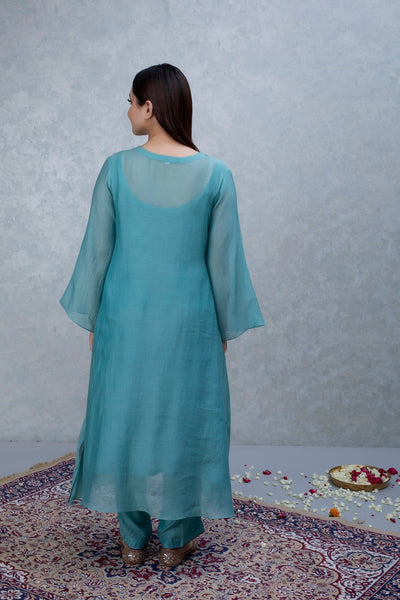 Cadet Blue Hand Embroidered Chanderi Suit Set