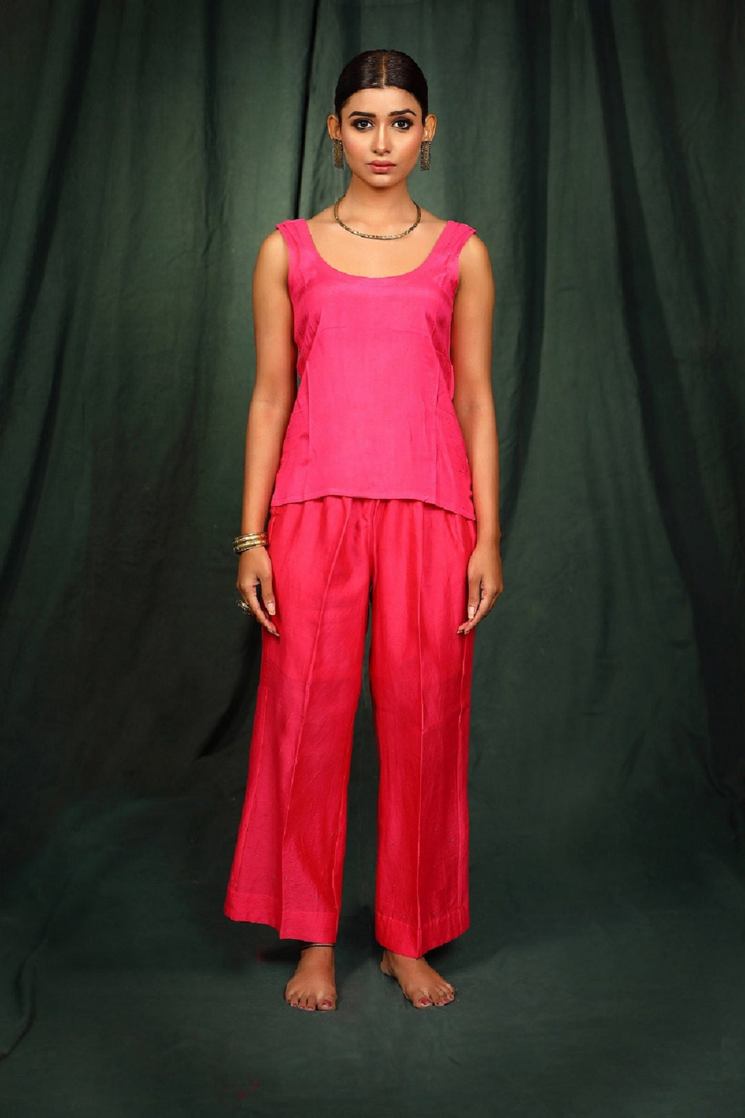 Neon Pink Hand embroidered Chanderi  Suit Set