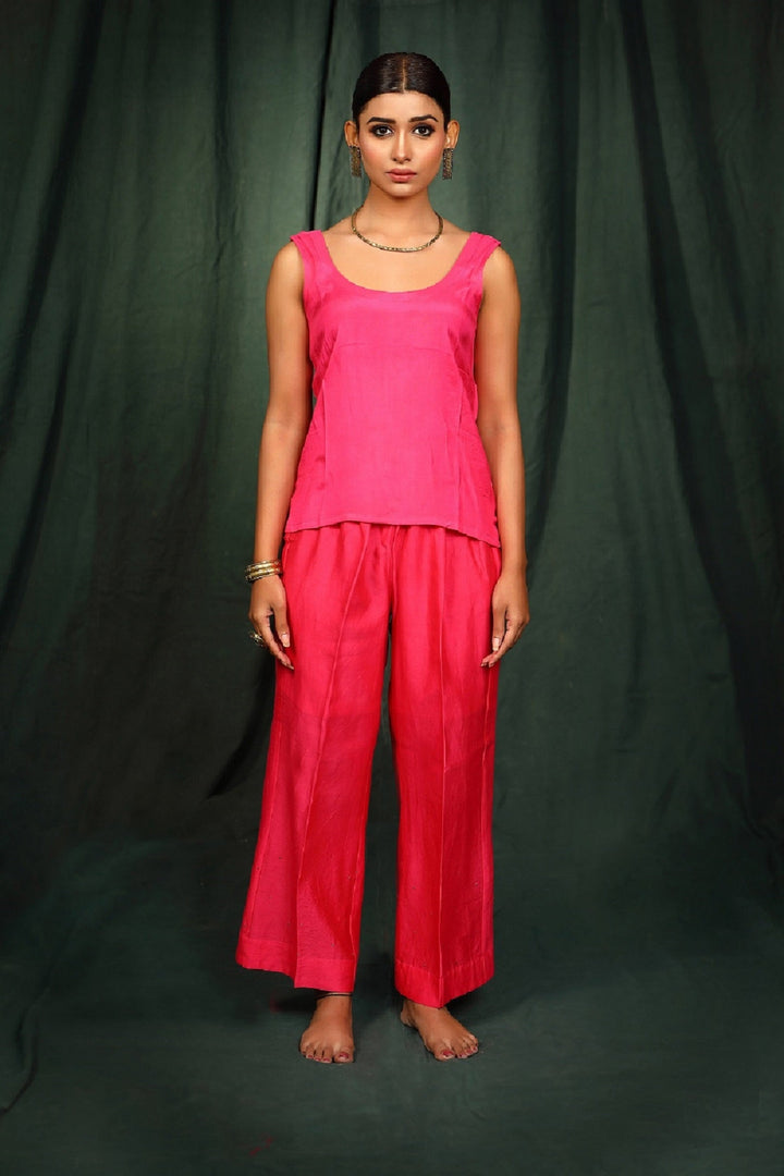 Neon Pink Hand embroidered Chanderi  Suit Set