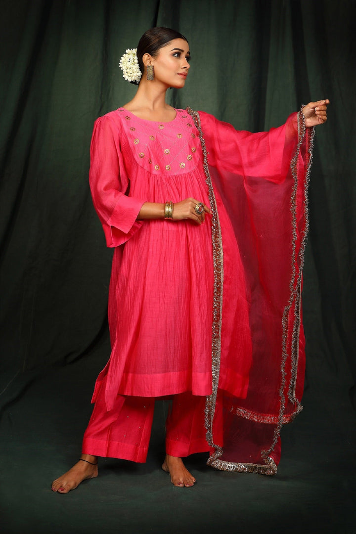 Neon Pink Hand embroidered Chanderi  Suit Set