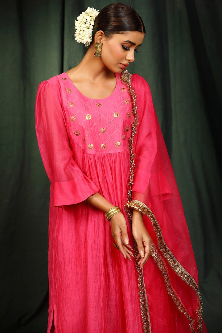 Neon Pink Hand embroidered Chanderi  Suit Set