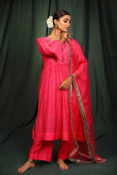 Neon Pink Hand embroidered Chanderi  Suit Set