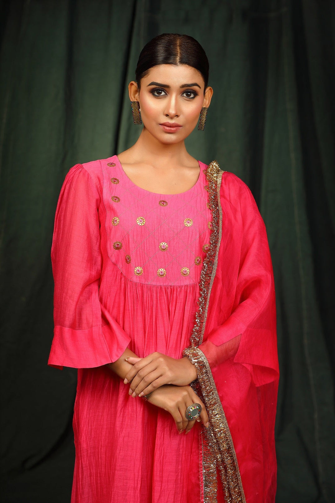 Neon Pink Hand embroidered Chanderi  Suit Set
