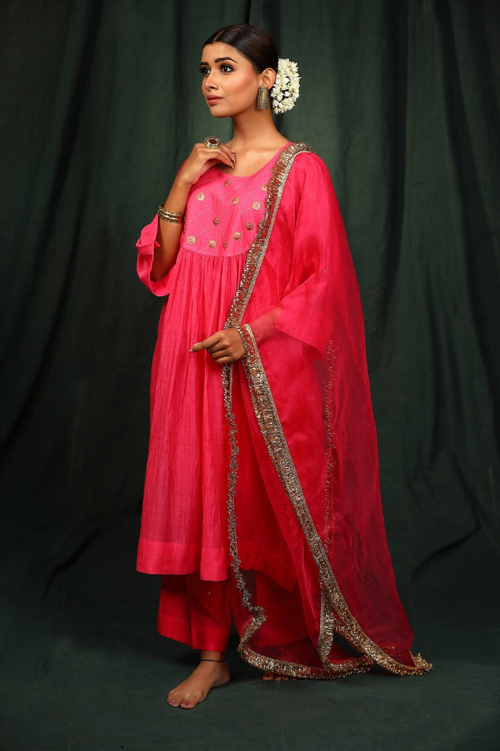 Neon Pink Hand embroidered Chanderi  Suit Set