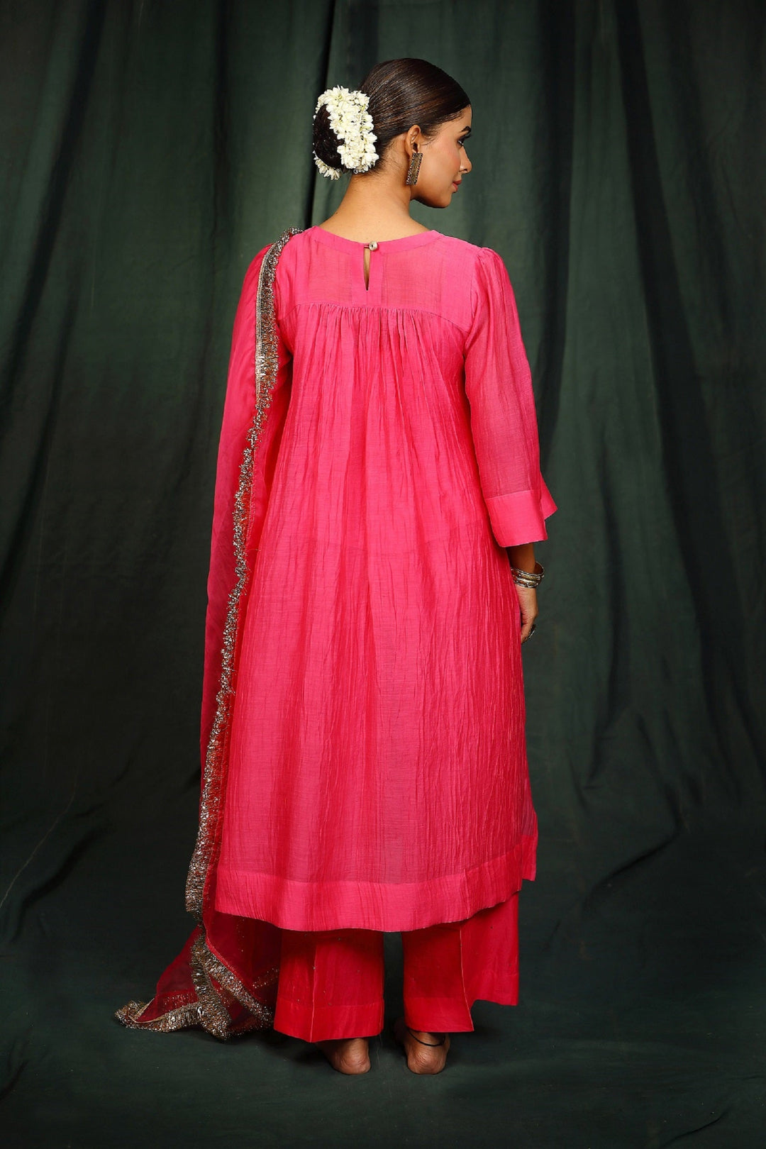 Neon Pink Hand embroidered Chanderi  Suit Set