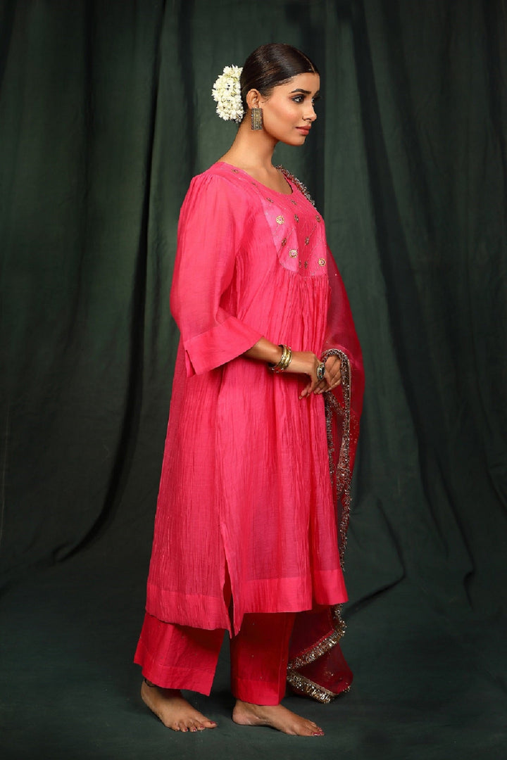 Neon Pink Hand embroidered Chanderi  Suit Set
