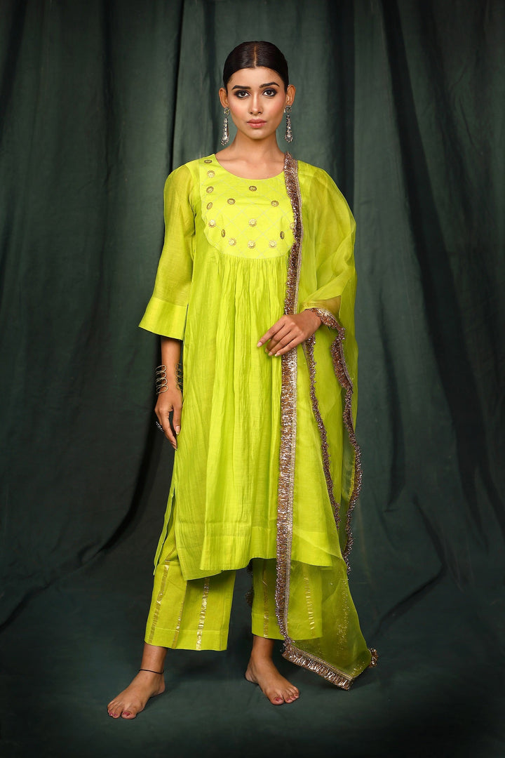 Neon Green Chanderi handwork Suit Set