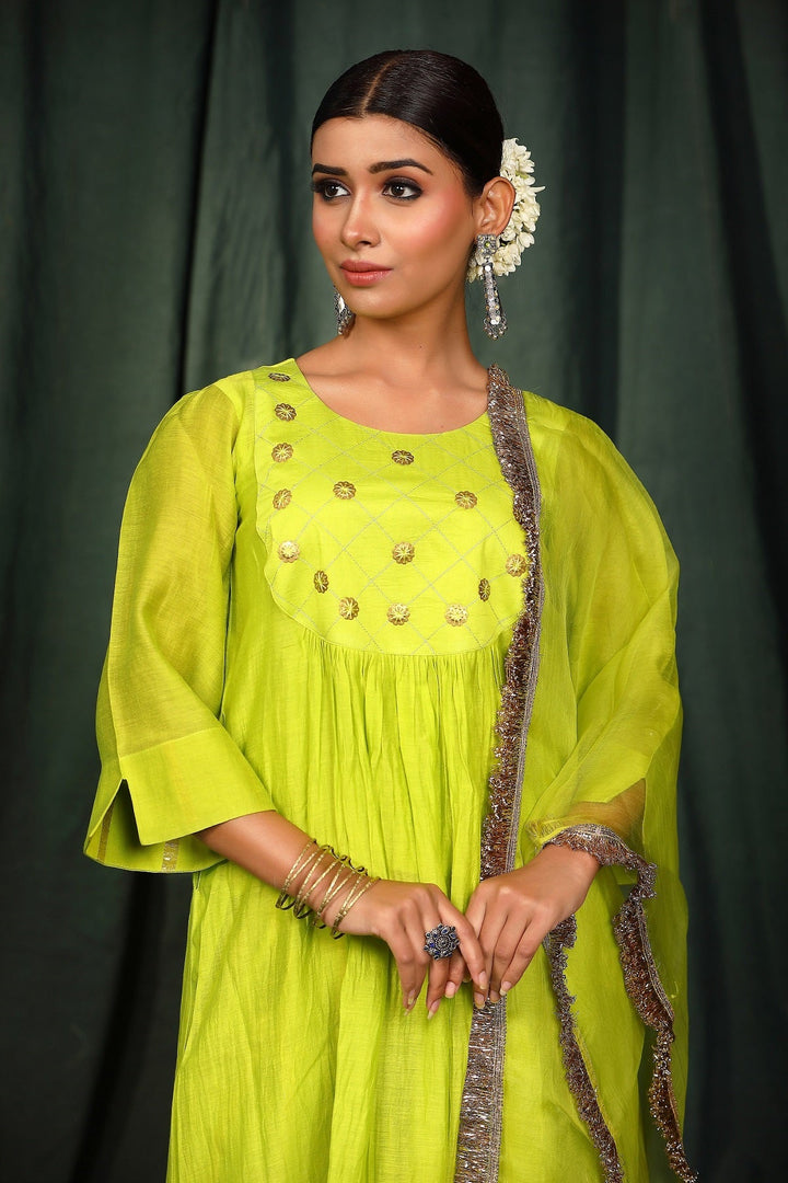 Neon Green Chanderi handwork Suit Set